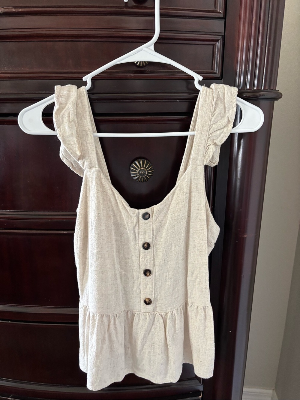 Monteau Cream Ruffle Strap Button-Front Tank